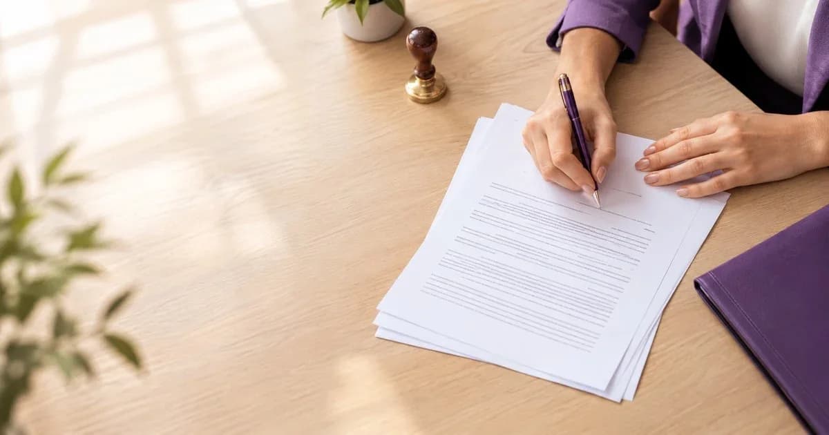 Dos personas firmando documentos sobre un escritorio de notaría, de forma tranquila