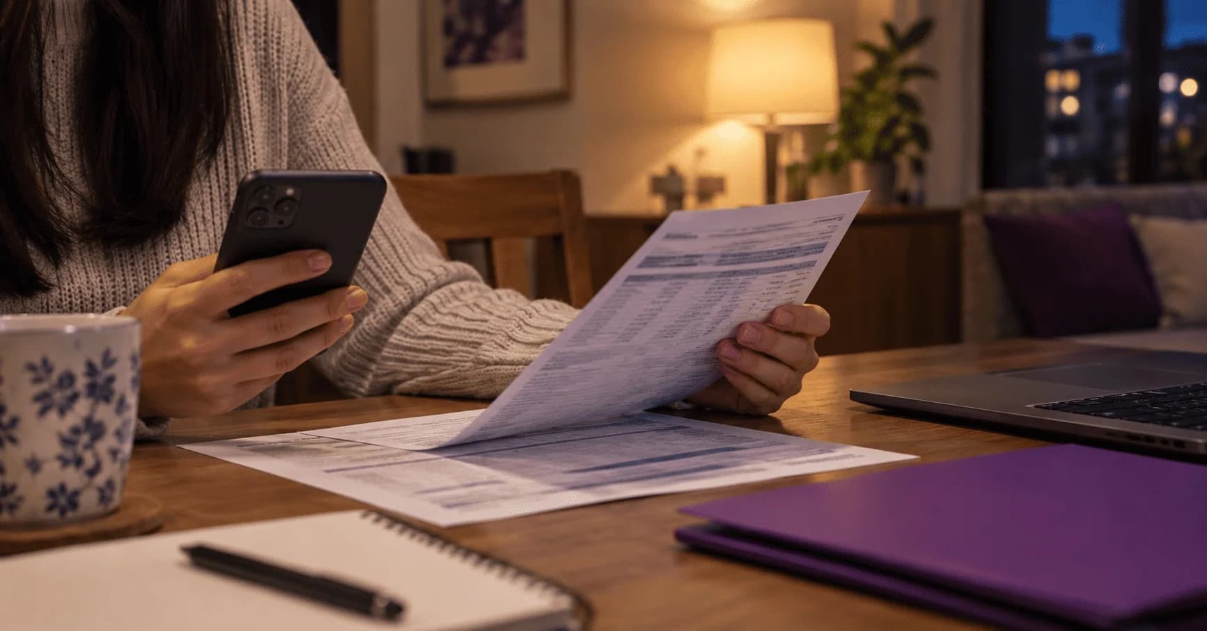 Persona revisando con preocupación un extracto bancario y su celular en una mesa de comedor